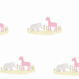 Papel pintado Elefante y jirafa rose