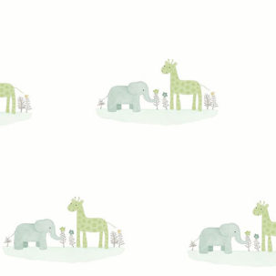 Papel pintado Elefante y jirafa verde y azul