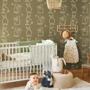 Papel pintado Funny Bunny verde caqui - Imagen 4