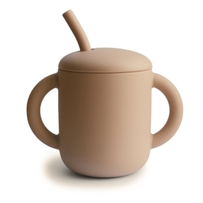 Taza didáctica + pajita silicona Mushie solid blush - Imagen 4