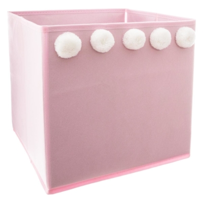Cubo para juguetes rosa con pompones