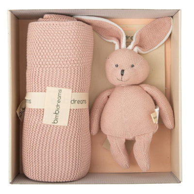 Caja regalo con manta y peluche tricot rosa empolvado