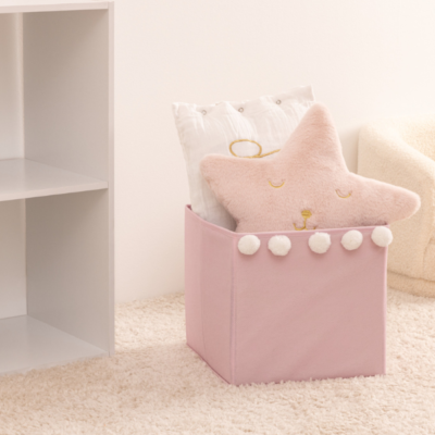 Cubo para juguetes rosa con pompones - Imagen 2