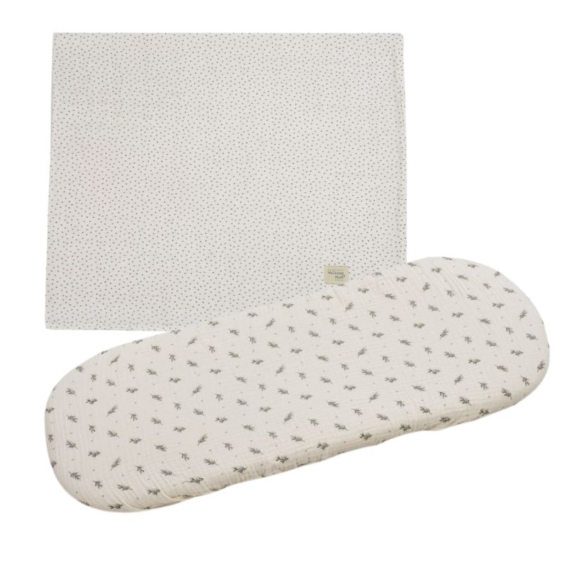 Diseño sin título (6) Set de Sábana bajera ajustable para capazo + muselina Mimosa Verde - Imagen 1