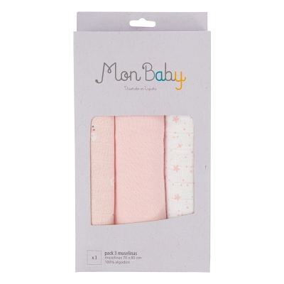 Pack de 3 muselinas de algodón stars rosa